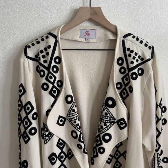Roja Sweater Womens XL Ivory Black Embroidered Geometric Cotton Boho Cardigan - Picture 2 of 16